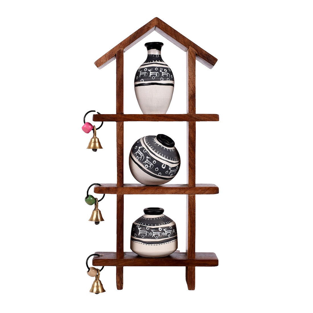 Wall Decor Ladder & 3 Handcrafted Warli White Pots (6x2x13)