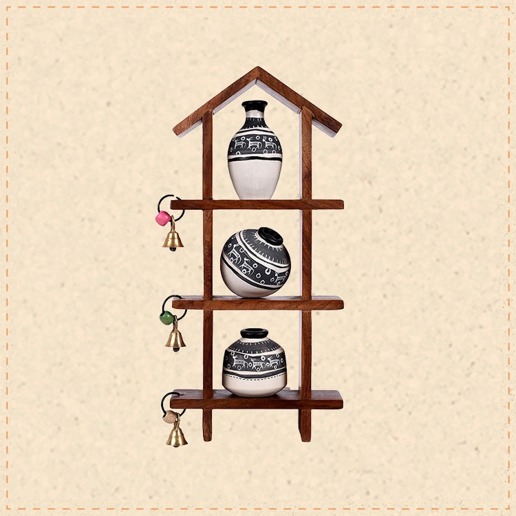 Wall Decor Ladder & 3 Handcrafted Warli White Pots (6x2x13)