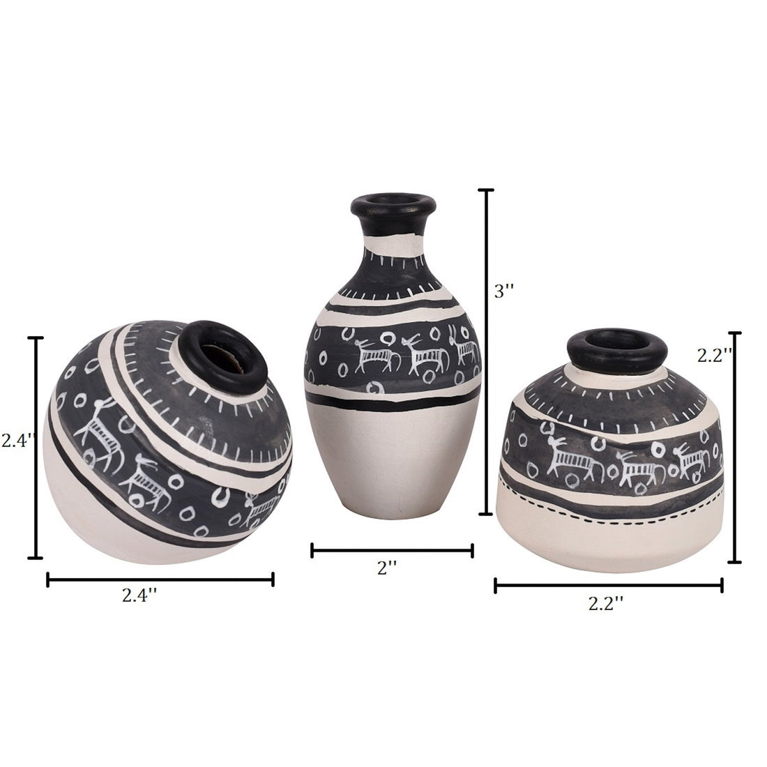 Wall Decor Ladder & 3 Handcrafted Warli White Pots (6x2x13)