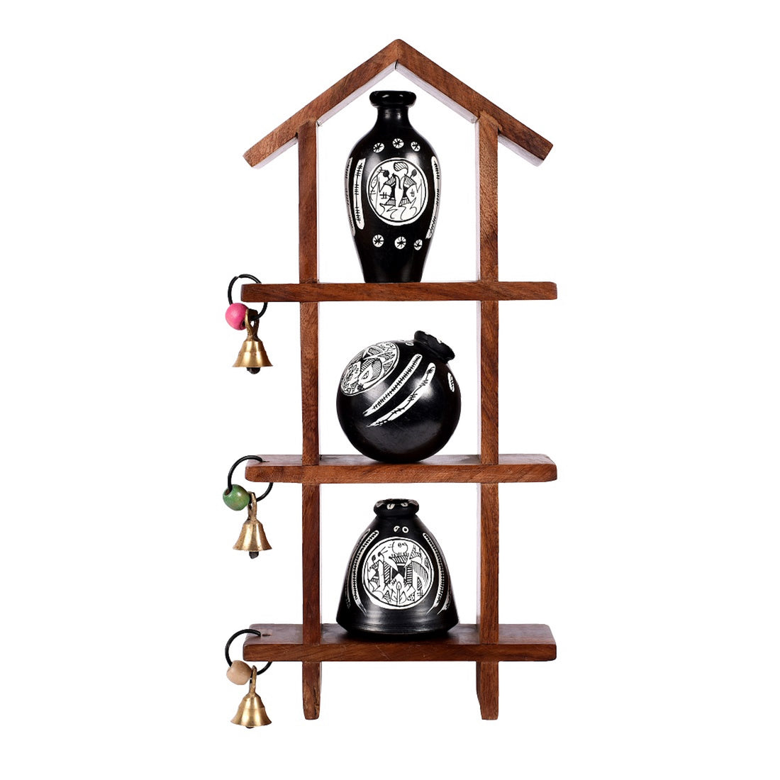 Wall Decor Ladder & 3 Handcrafted Warli Black Pots (6x2x13)