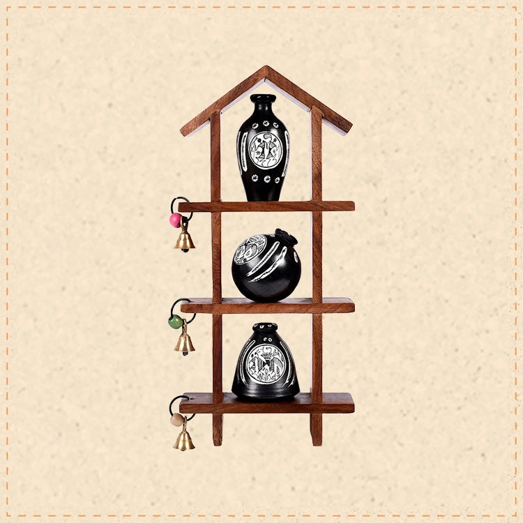 Wall Decor Ladder & 3 Handcrafted Warli Black Pots (6x2x13)