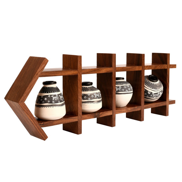 Wall Decor Ladder & 4 White Handcrafted Warli pots (16.5x2x6)