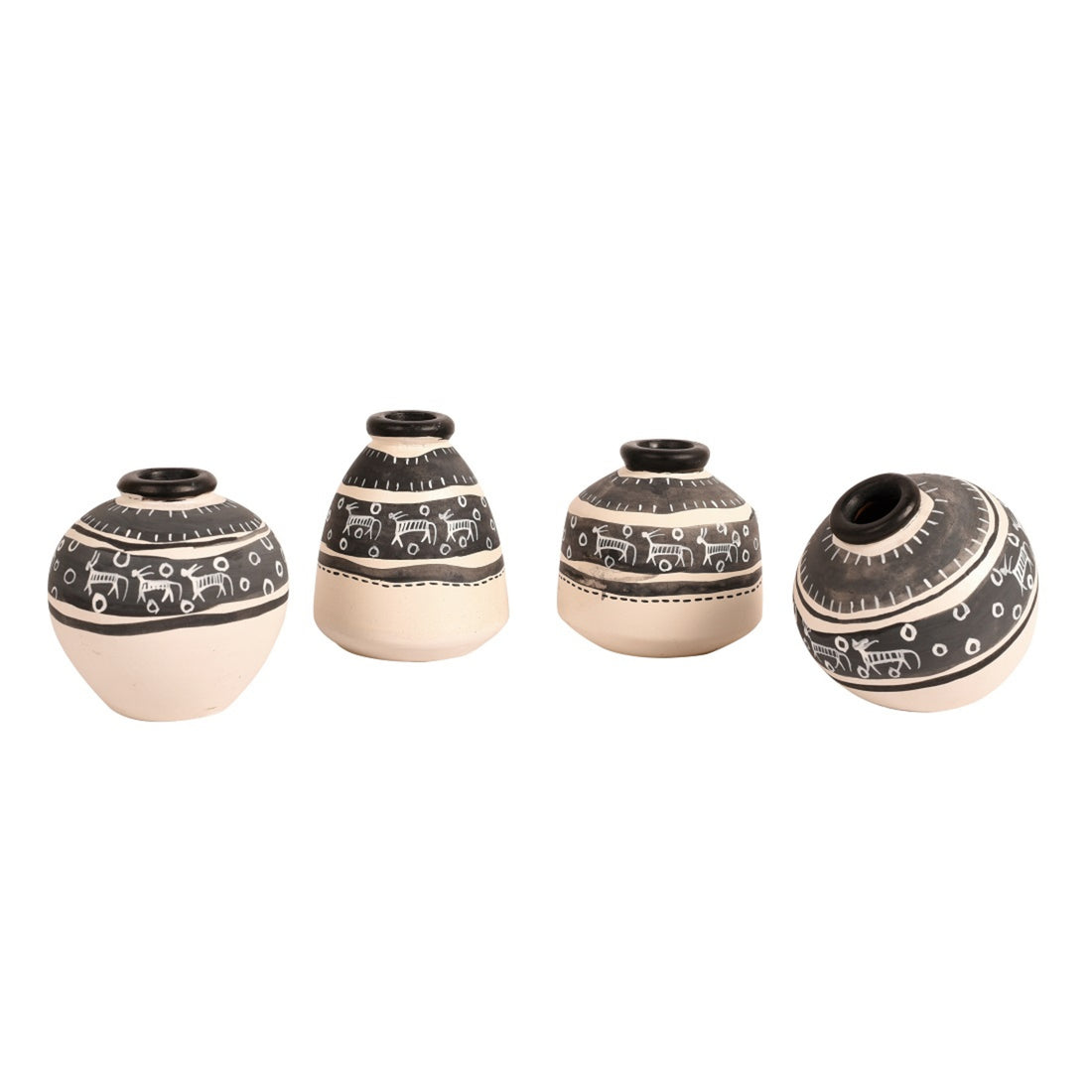 Wall Decor Ladder & 4 White Handcrafted Warli pots (16.5x2x6)