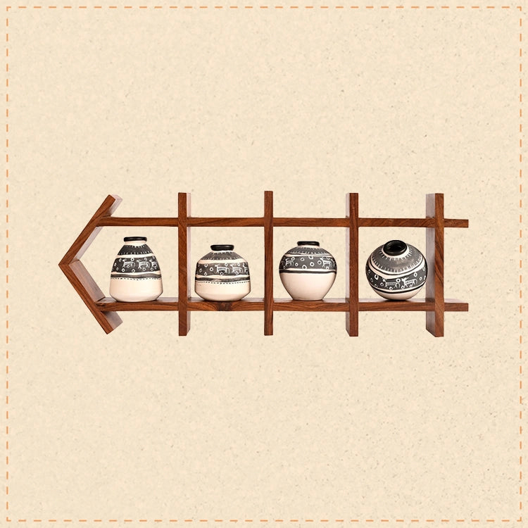 Wall Decor Ladder & 4 White Handcrafted Warli pots (16.5x2x6)