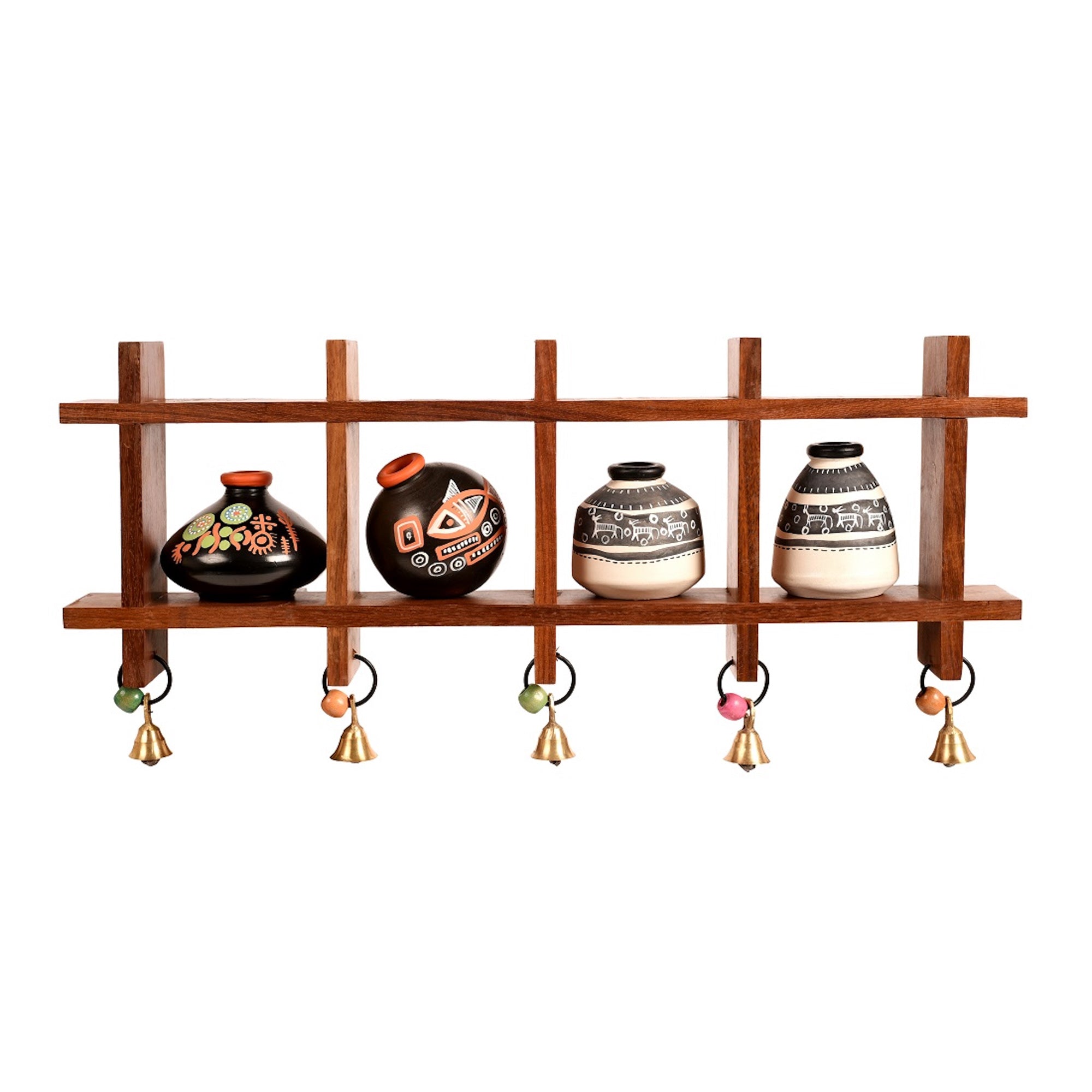 Wall Decor Ladder & 4 B&W Handcrafted Warli Pots (16x2x7.5)