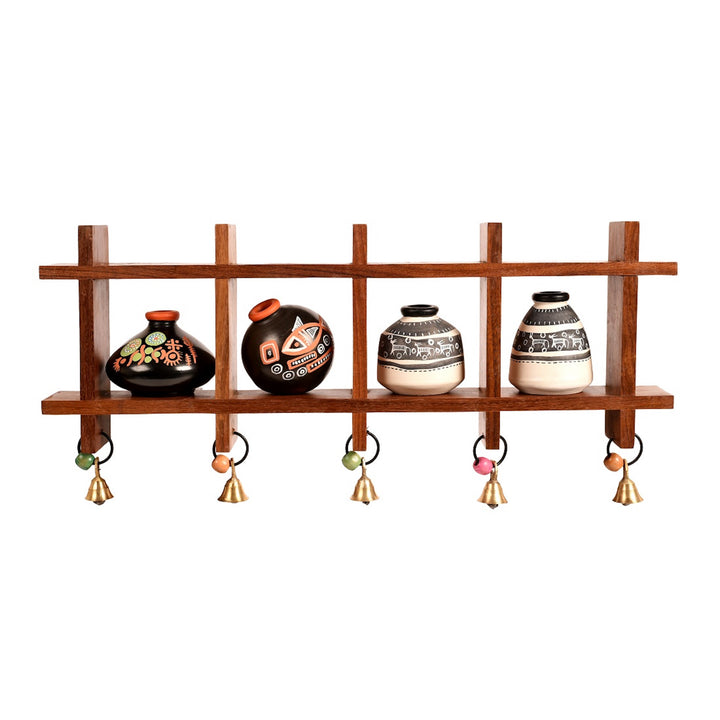 Wall Decor Ladder & 4 B&W Handcrafted Warli Pots (16x2x7.5)