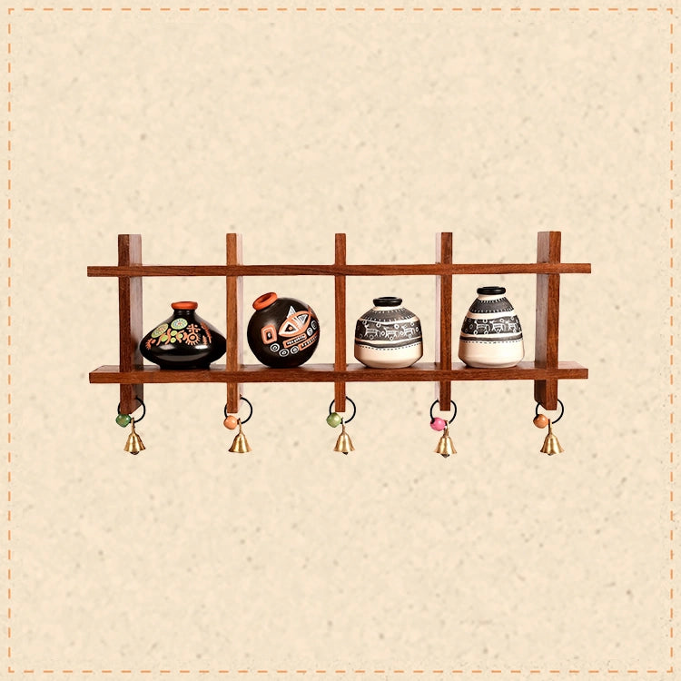 Wall Decor Ladder & 4 B&W Handcrafted Warli Pots (16x2x7.5)
