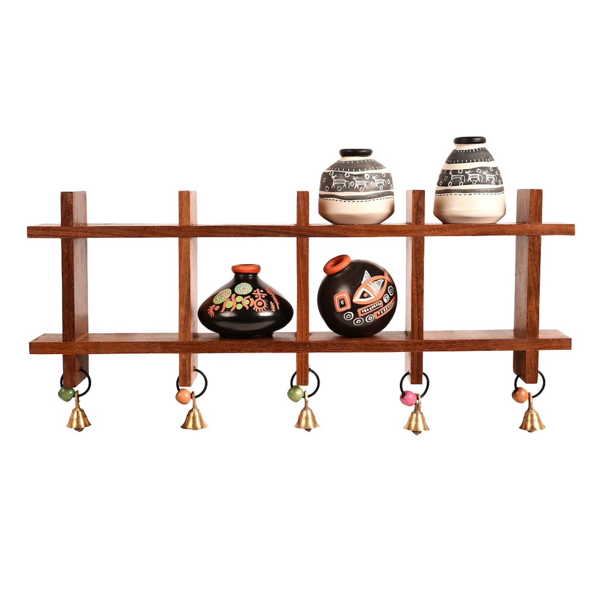 Wall Decor Ladder & 4 B&W Handcrafted Warli Pots (16x2x7.5)