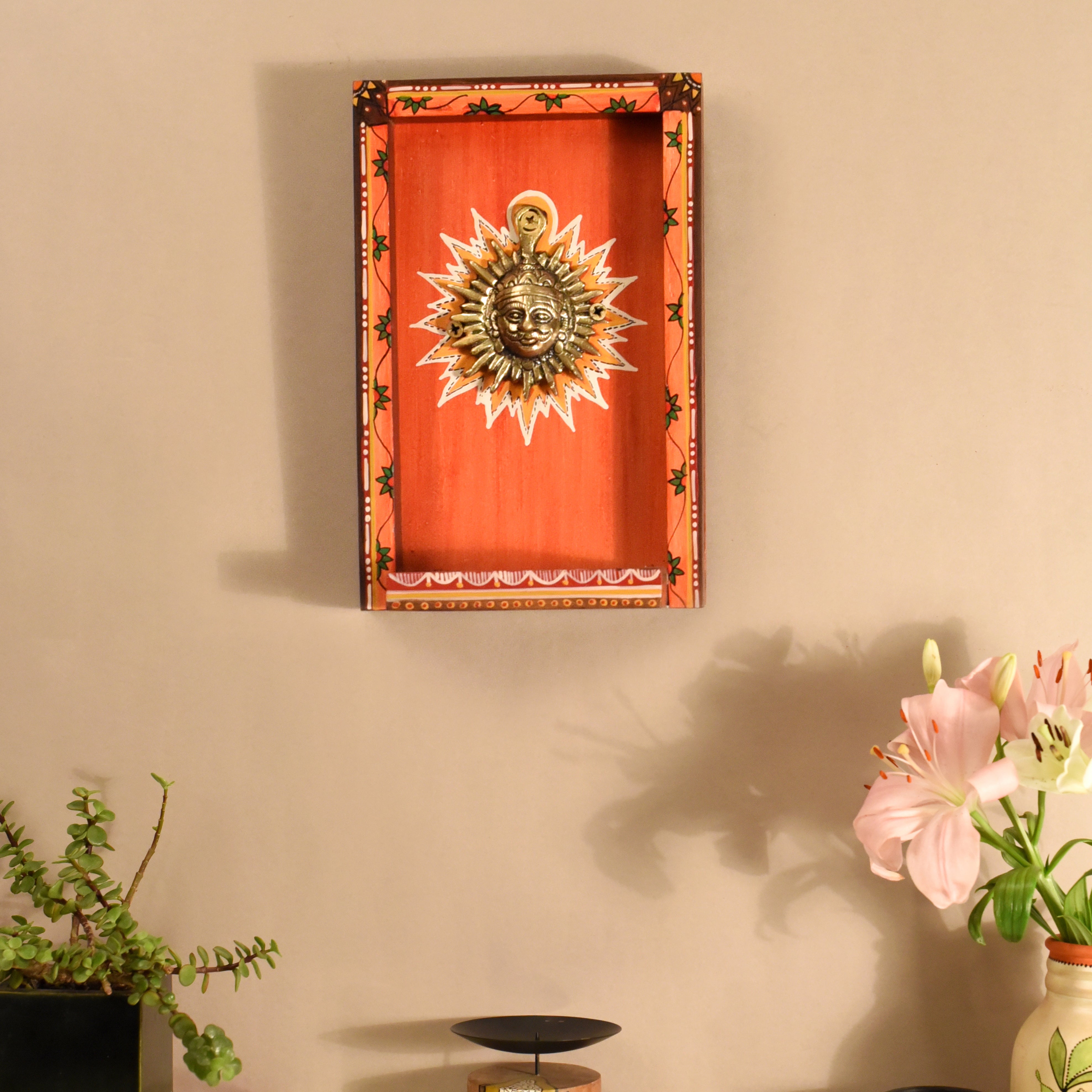 Divya-IV Wall décor frame with beautiful Brass Sculpture of Surya Dev
