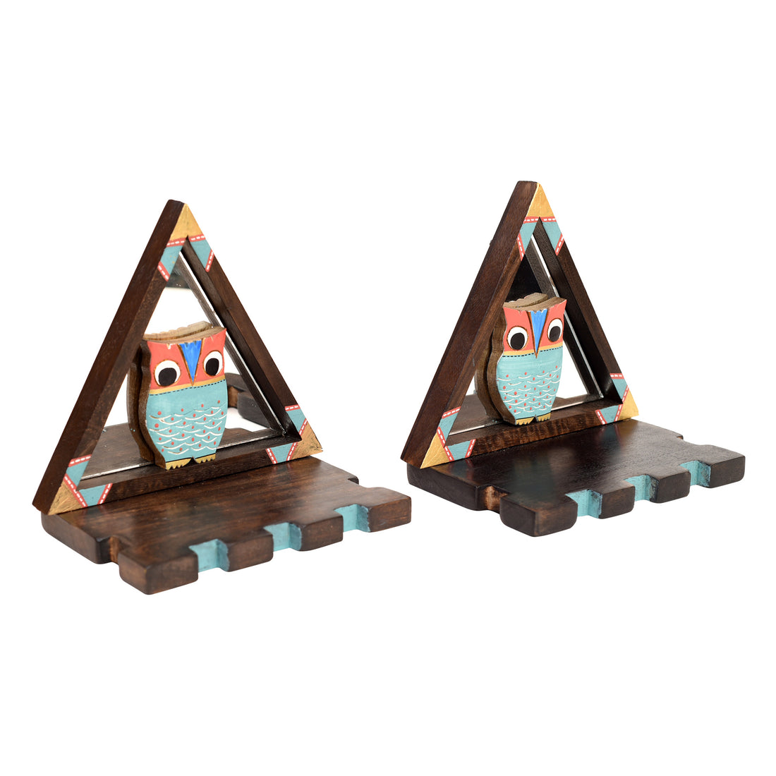 Triangular Wall Decor Shelves (Set Of 2) with Blue Owl Motifs set on Mirrors (7x4.7x7.2)