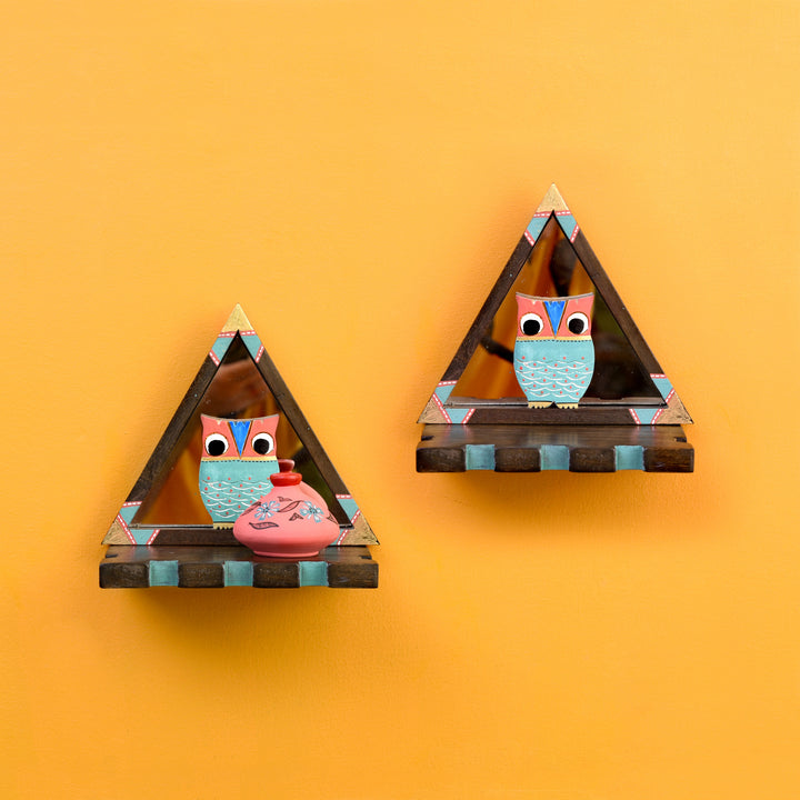 Triangular Wall Decor Shelves (Set Of 2) with Blue Owl Motifs set on Mirrors (7x4.7x7.2)