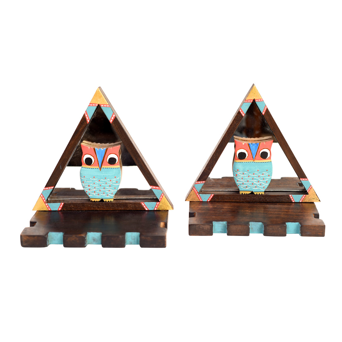 Triangular Wall Decor Shelves (Set Of 2) with Blue Owl Motifs set on Mirrors (7x4.7x7.2)