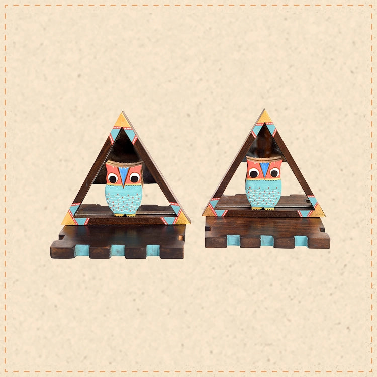Triangular Wall Decor Shelves (Set Of 2) with Blue Owl Motifs set on Mirrors (7x4.7x7.2)