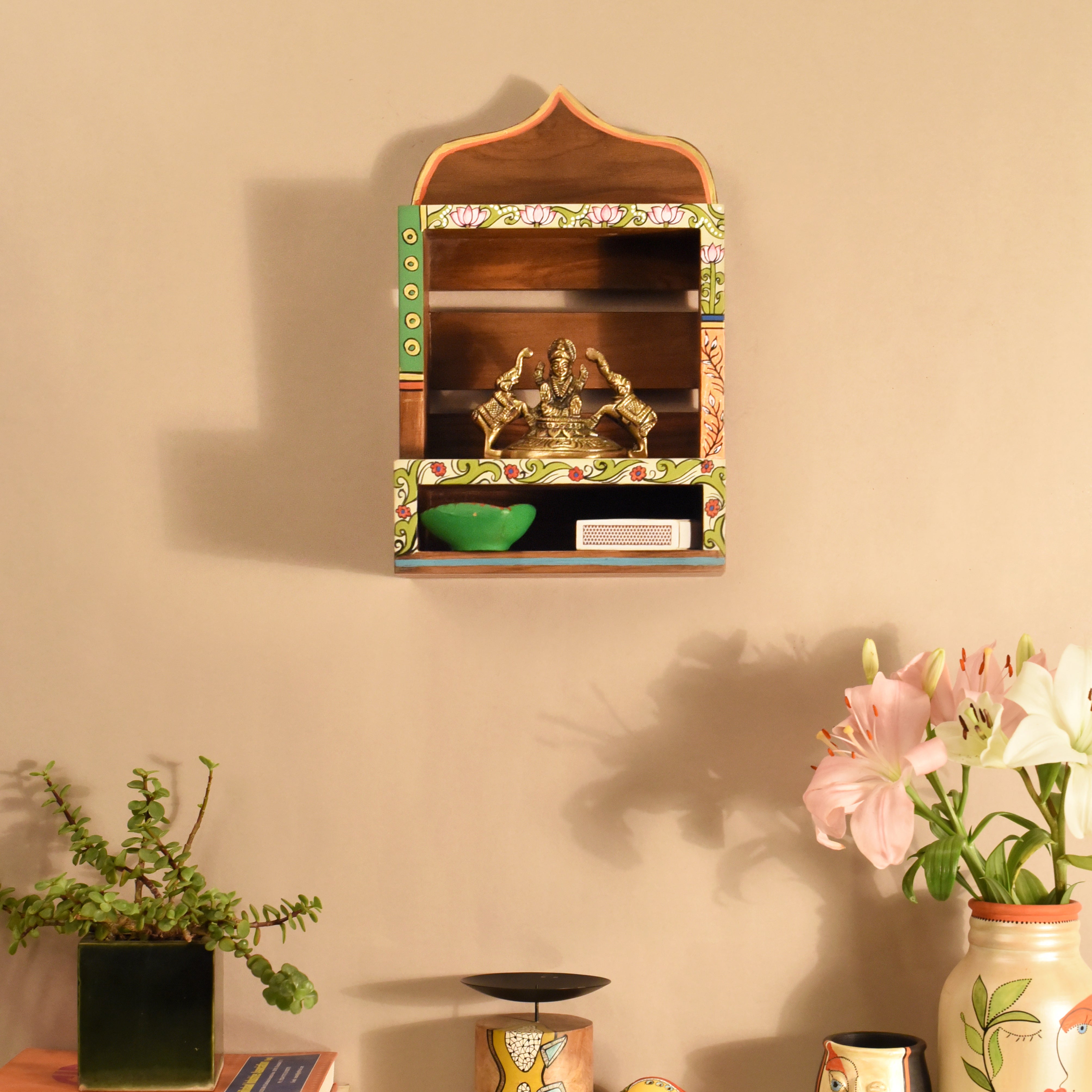 Handcrafted Wooden Wall Shelf Decorative Hand-Painted Storage Rack