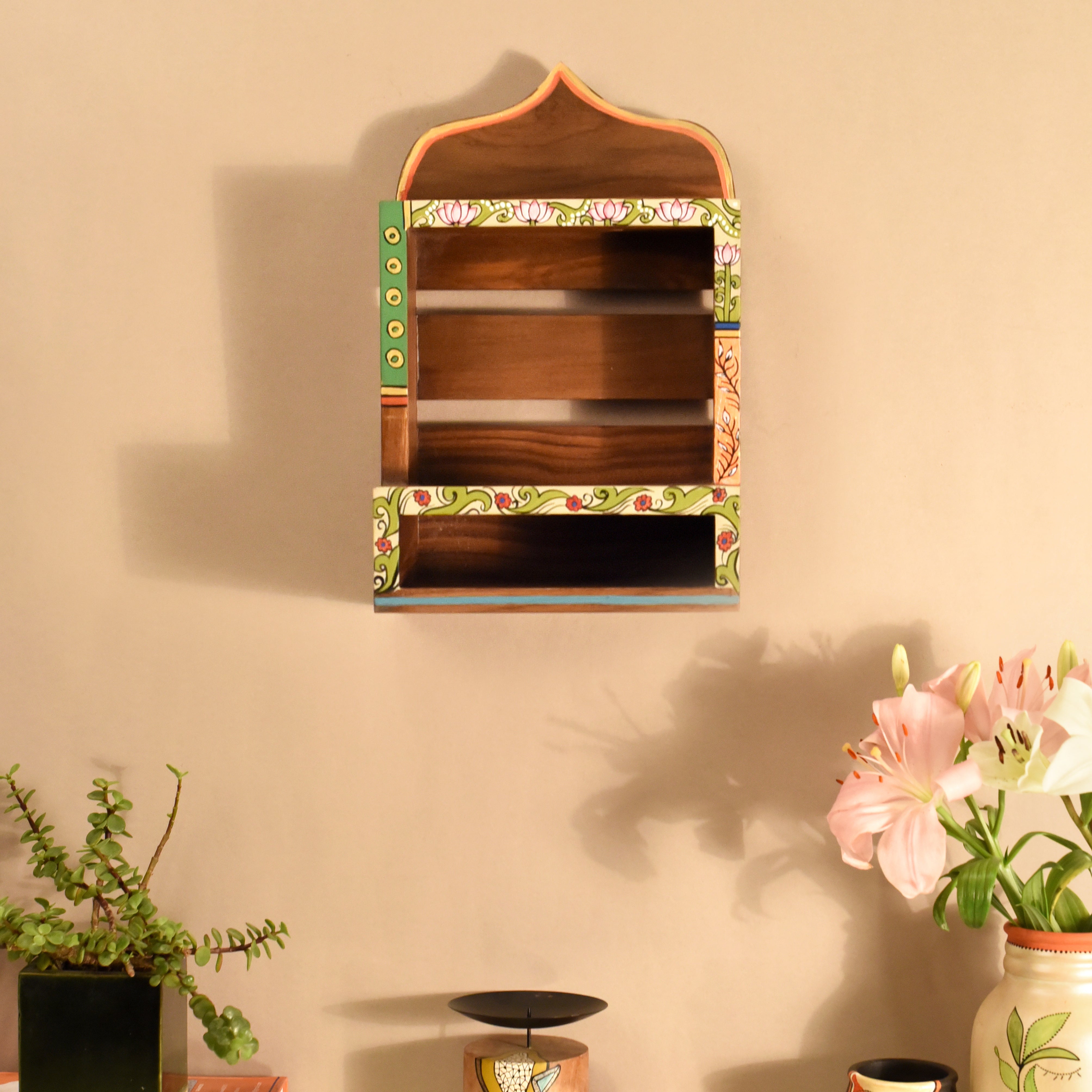 Handcrafted Wooden Wall Shelf Decorative Hand-Painted Storage Rack