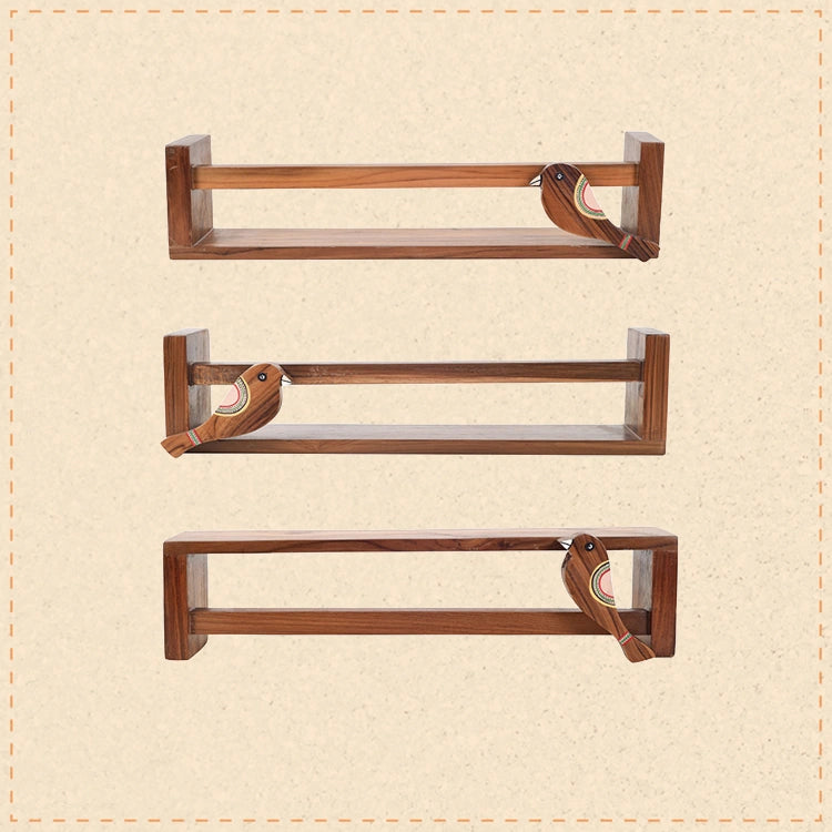 Floating teak wall shelf for powder room SET OF 3 (18.5x3.2x4.1)