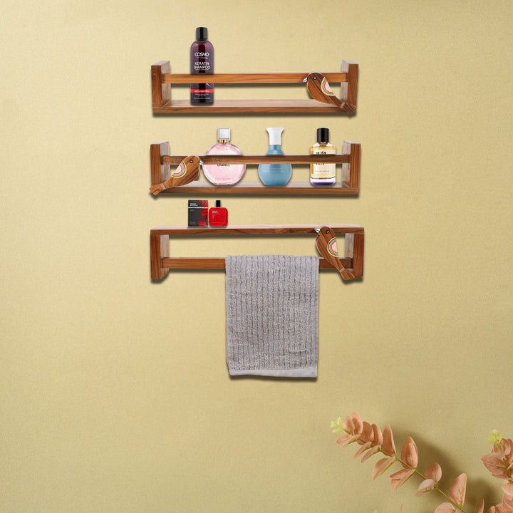 Floating teak wall shelf for powder room SET OF 3 (18.5x3.2x4.1)