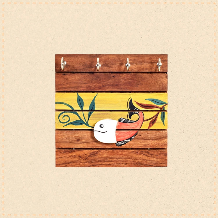 Boga Hand Painted Wooden Key Holder, Wall Mounted Key Hanger with Bird Design for Homedecor