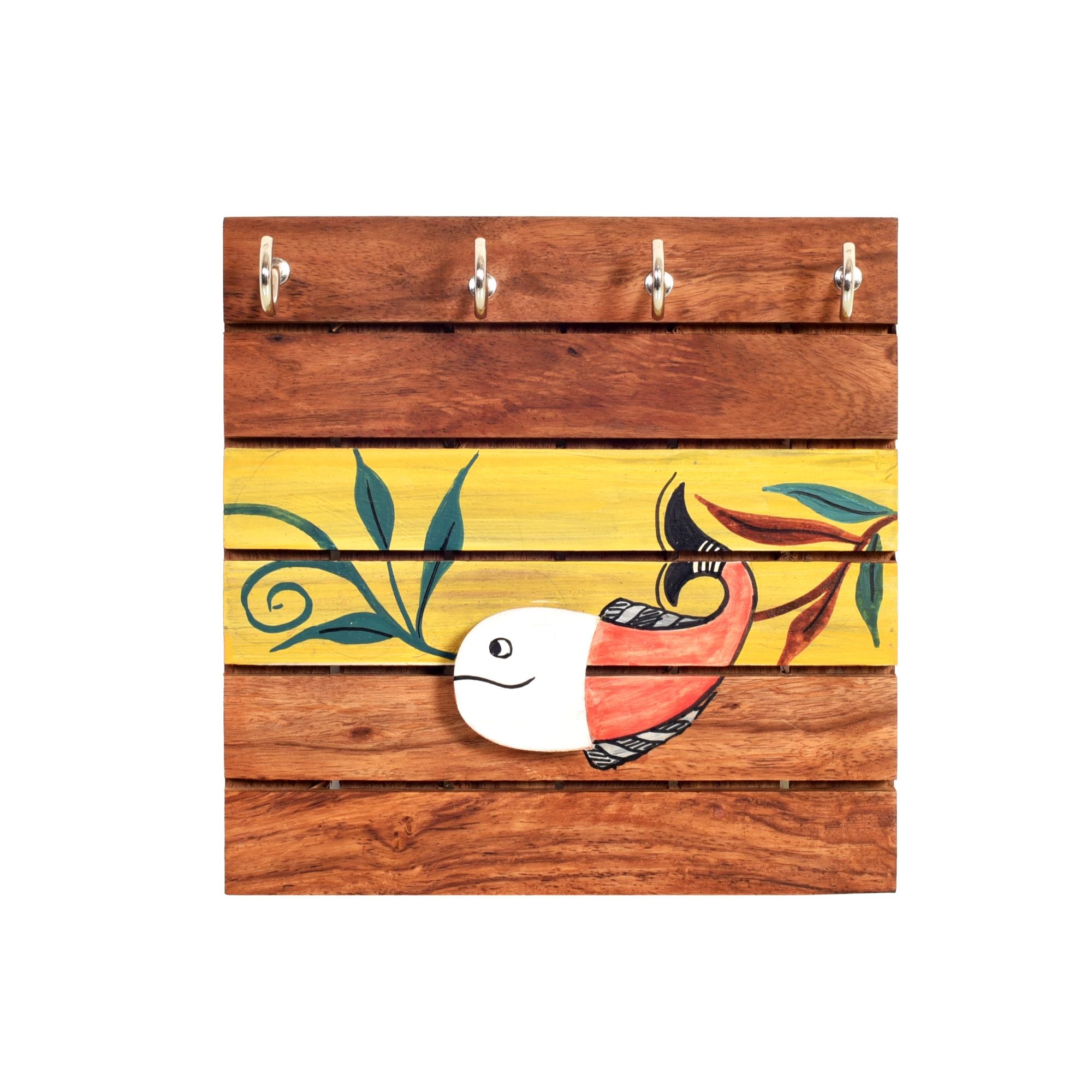 Boga Hand Painted Wooden Key Holder, Wall Mounted Key Hanger with Bird Design for Homedecor