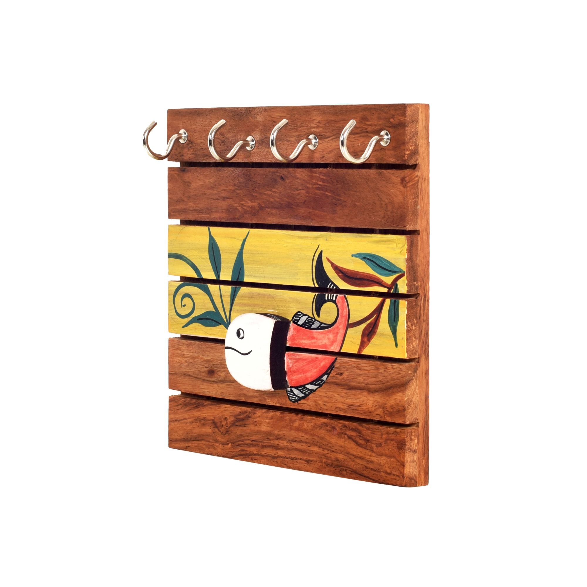 Boga Hand Painted Wooden Key Holder, Wall Mounted Key Hanger with Bird Design for Homedecor