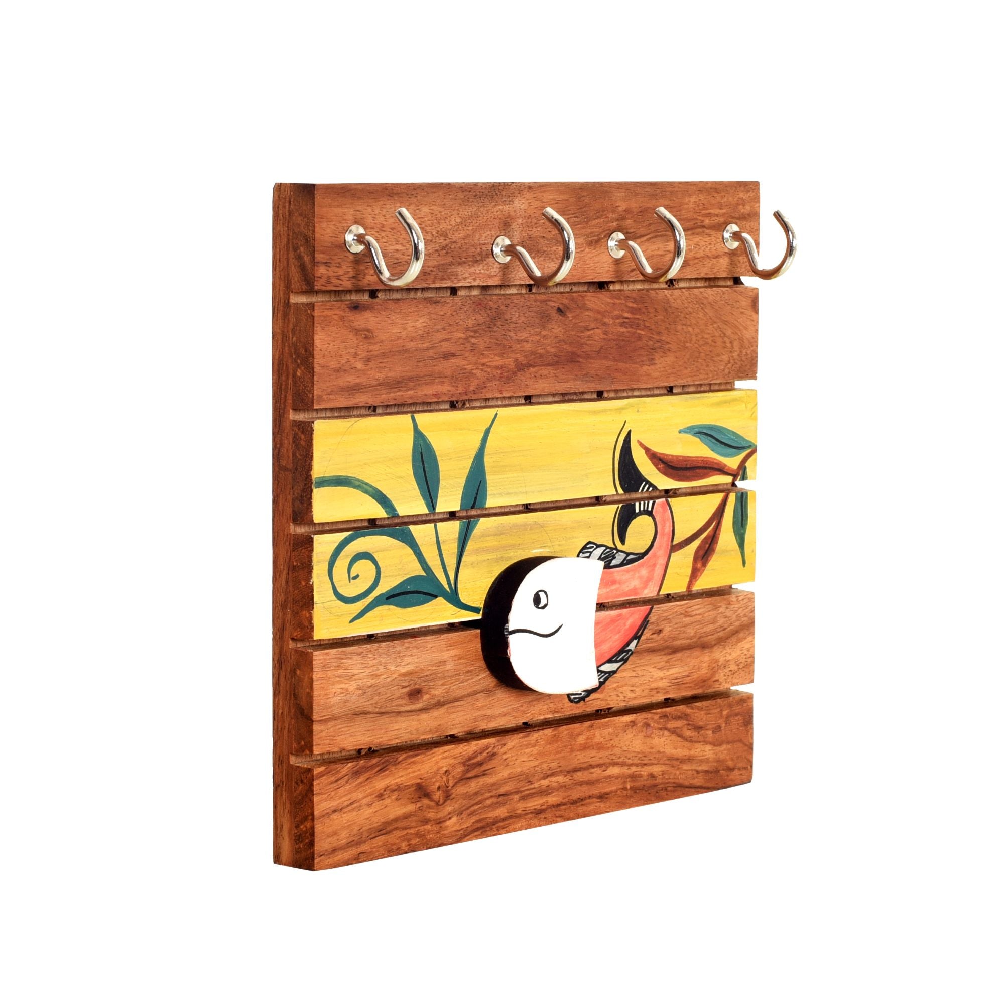 Boga Hand Painted Wooden Key Holder, Wall Mounted Key Hanger with Bird Design for Homedecor