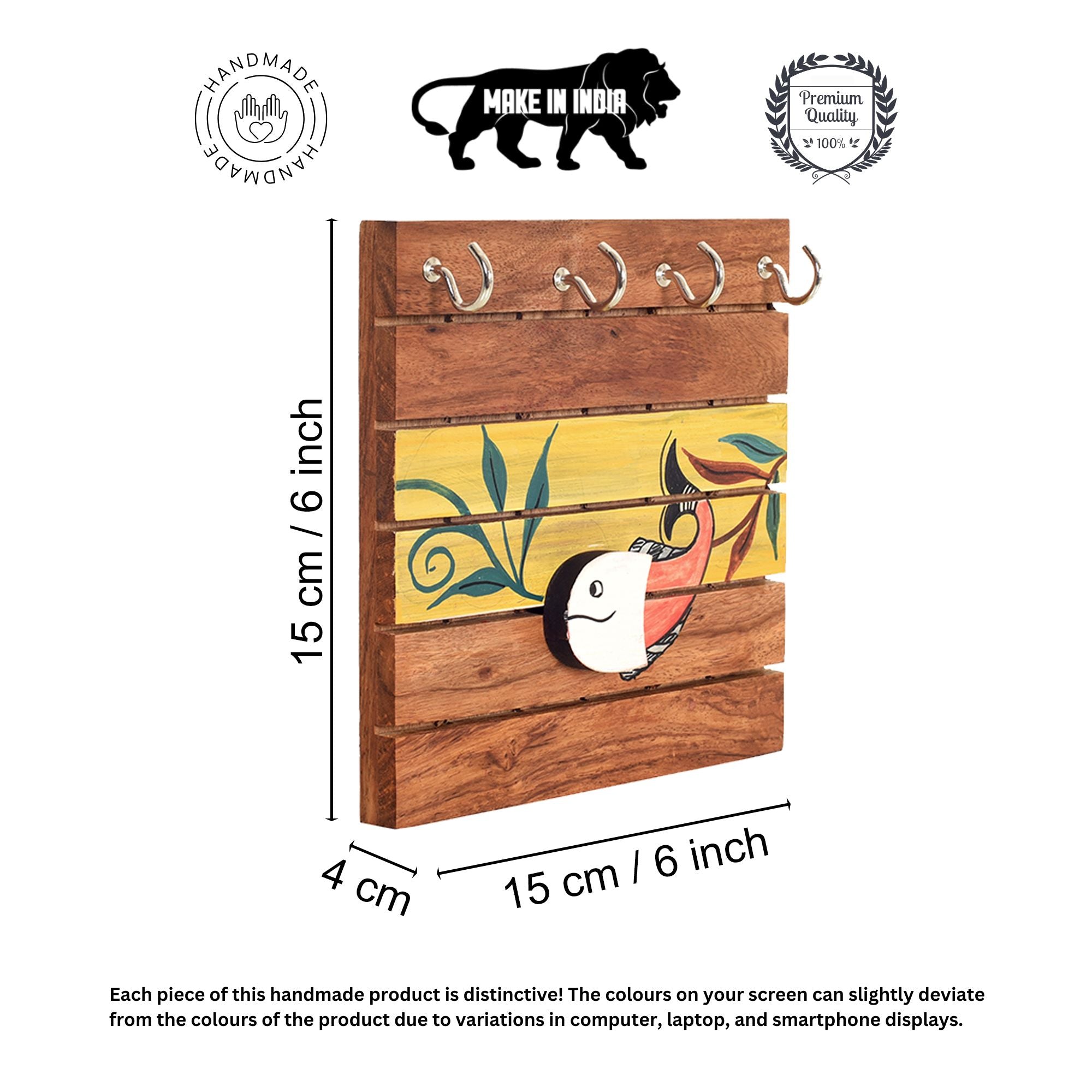 Boga Hand Painted Wooden Key Holder, Wall Mounted Key Hanger with Bird Design for Homedecor