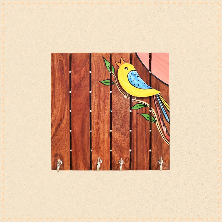 Robin Hand Painted Wooden Key Holder, Wall Mounted Bird Design Key Hanger for Entryway and Homedecor