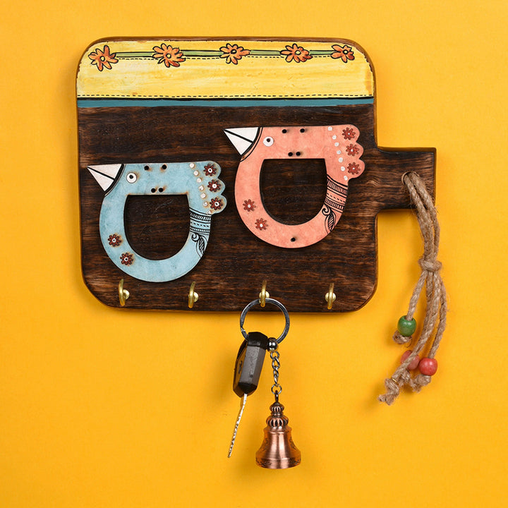 Key Holder Handcrafted Tribal Art Two Birds Design 4 Keys (9x1.5x7)