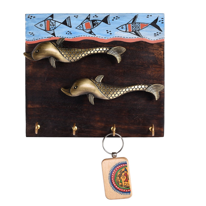 Key Holder Handcrafted Tribal Art Fish Handle 4 keys (7x2x6.2)