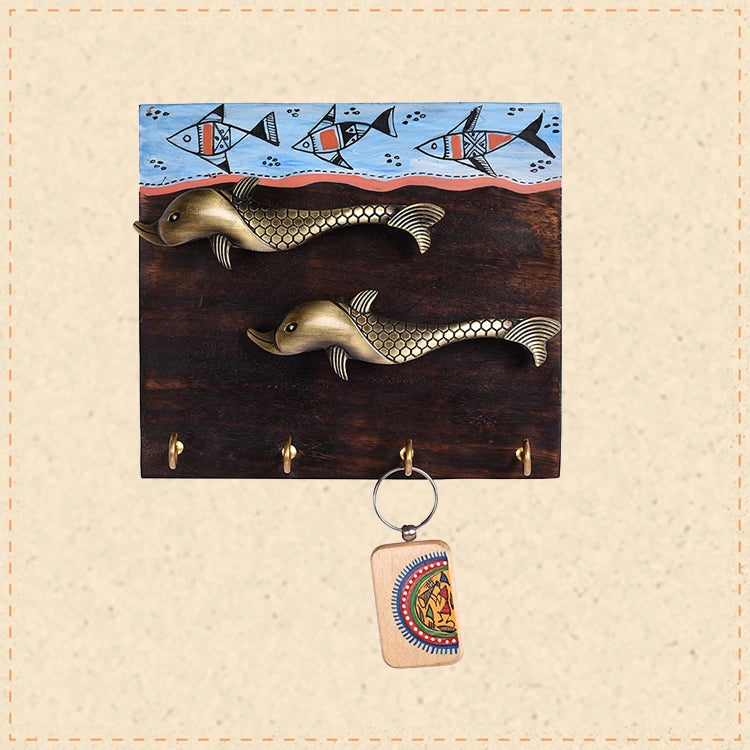 Key Holder Handcrafted Tribal Art Fish Handle 4 keys (7x2x6.2)