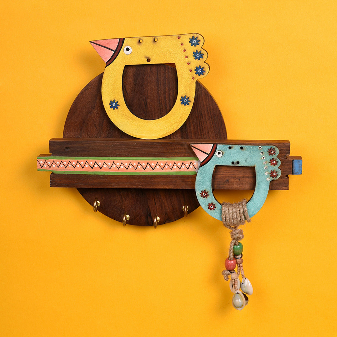 Key Holder Handcrafted Tribal Art Bird Theme 4 Keys (10x1.7x7.5)