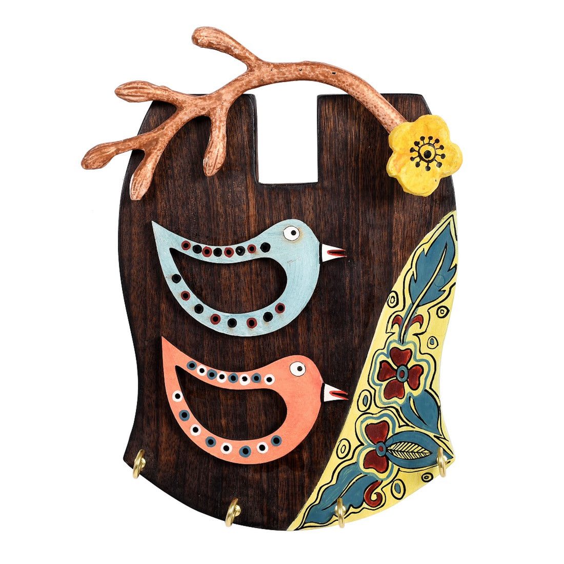 Key Holder Handcrafted Tribal Art Bird Theme 4 keys (7.5x2x10)