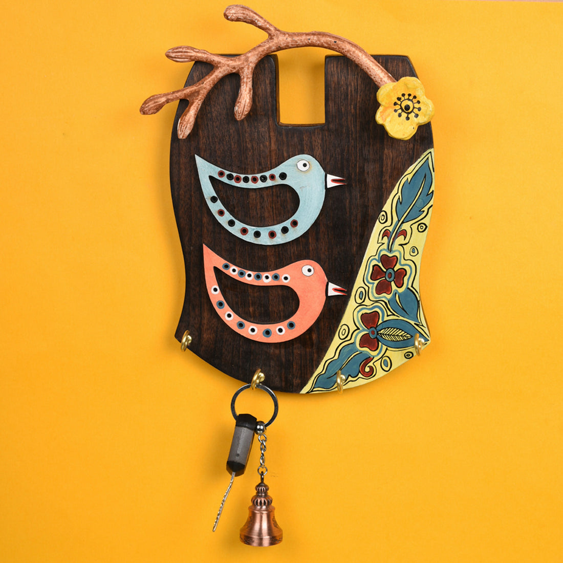 Key Holder Handcrafted Tribal Art Bird Theme 4 keys (7.5x2x10)