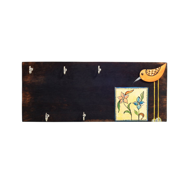 Rio Hand Painted Wooden Key Holder, Horizontal Wall Mounted Key Hanger with Bird and Floral Art for Entryway and Homedecor