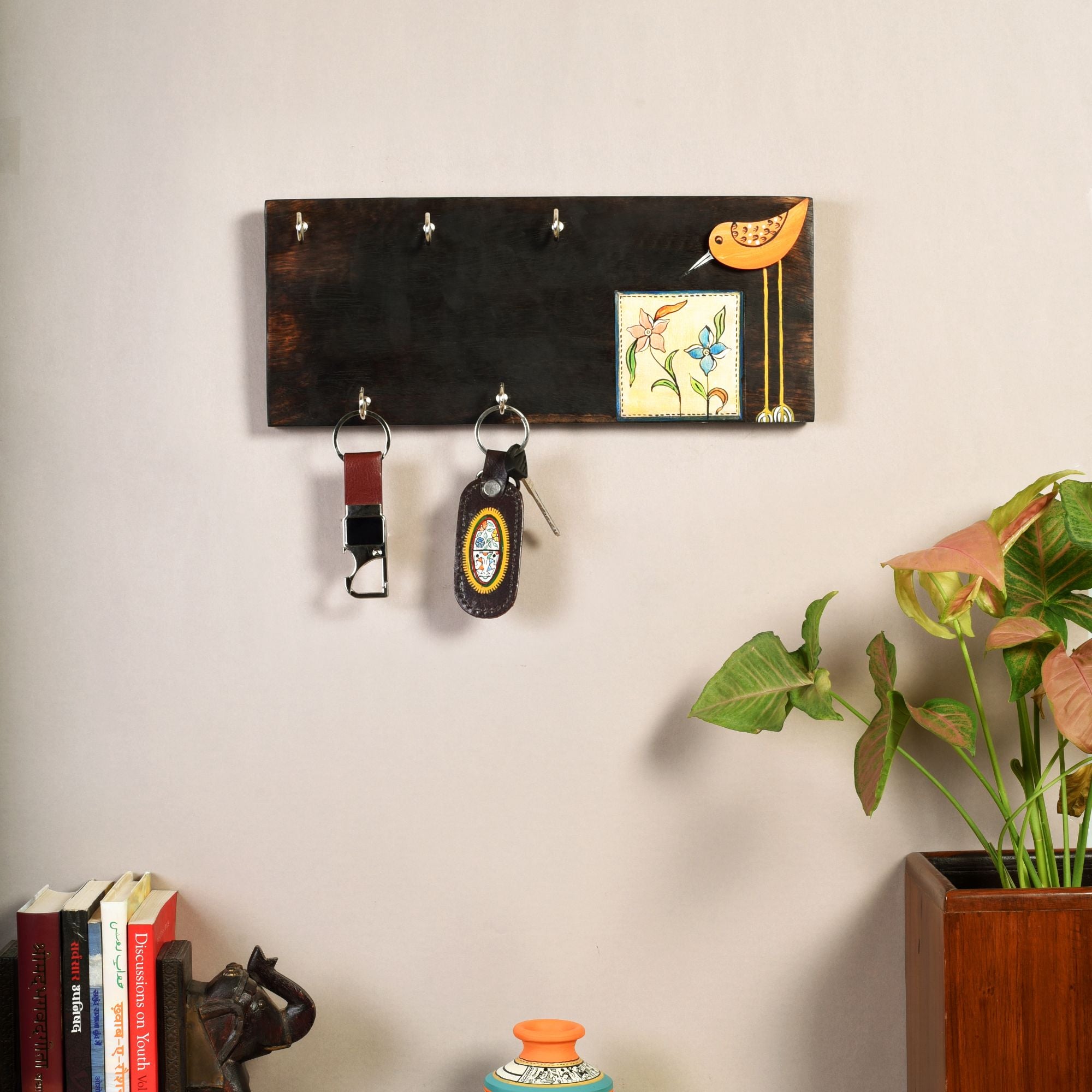 Rio Hand Painted Wooden Key Holder, Horizontal Wall Mounted Key Hanger with Bird and Floral Art for Entryway and Homedecor