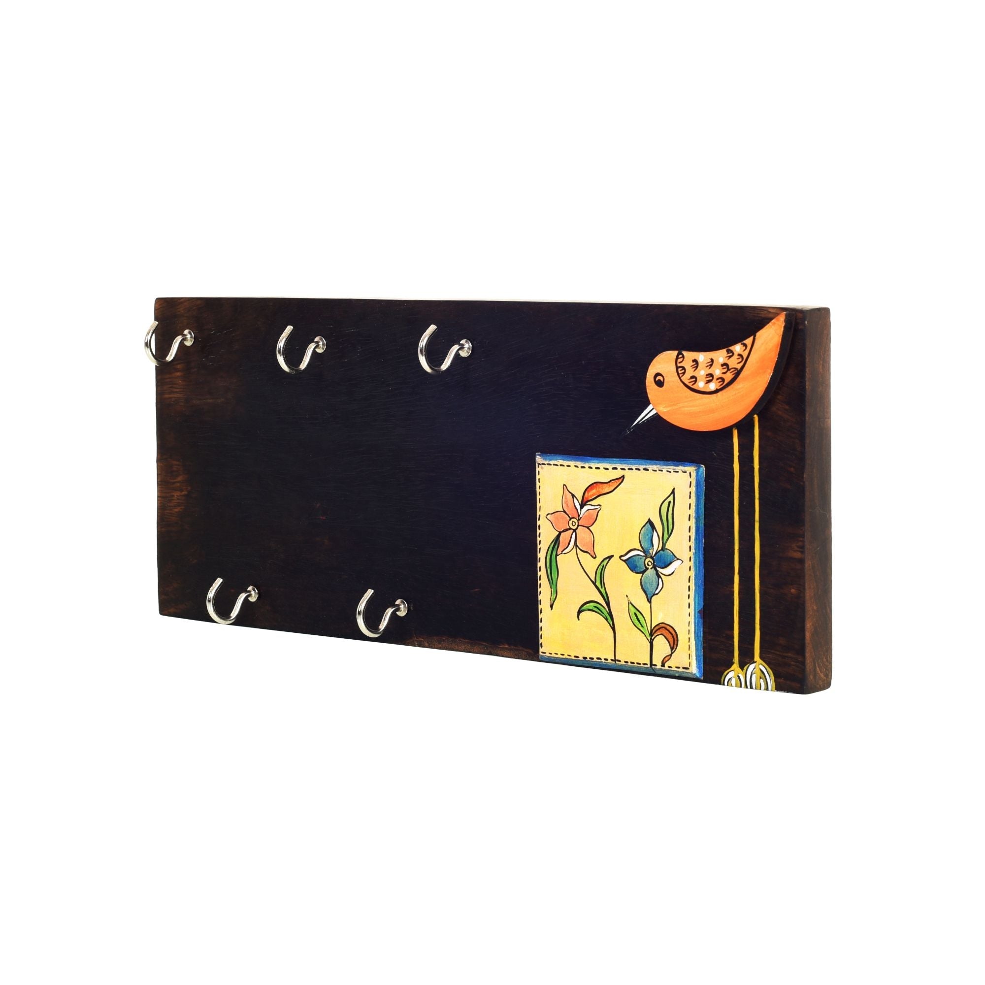 Rio Hand Painted Wooden Key Holder, Horizontal Wall Mounted Key Hanger with Bird and Floral Art for Entryway and Homedecor