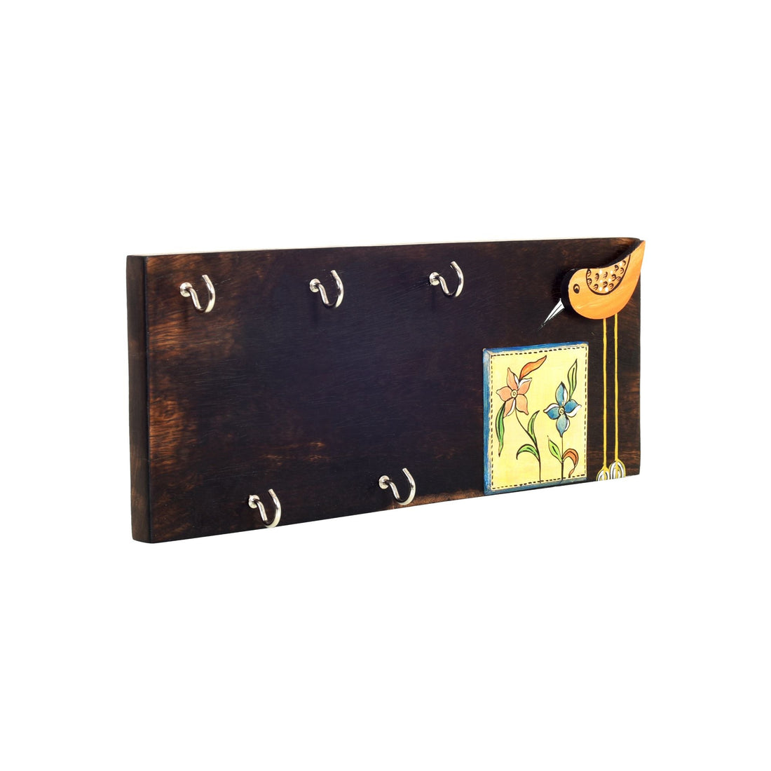 Rio Hand Painted Wooden Key Holder, Horizontal Wall Mounted Key Hanger with Bird and Floral Art for Entryway and Homedecor