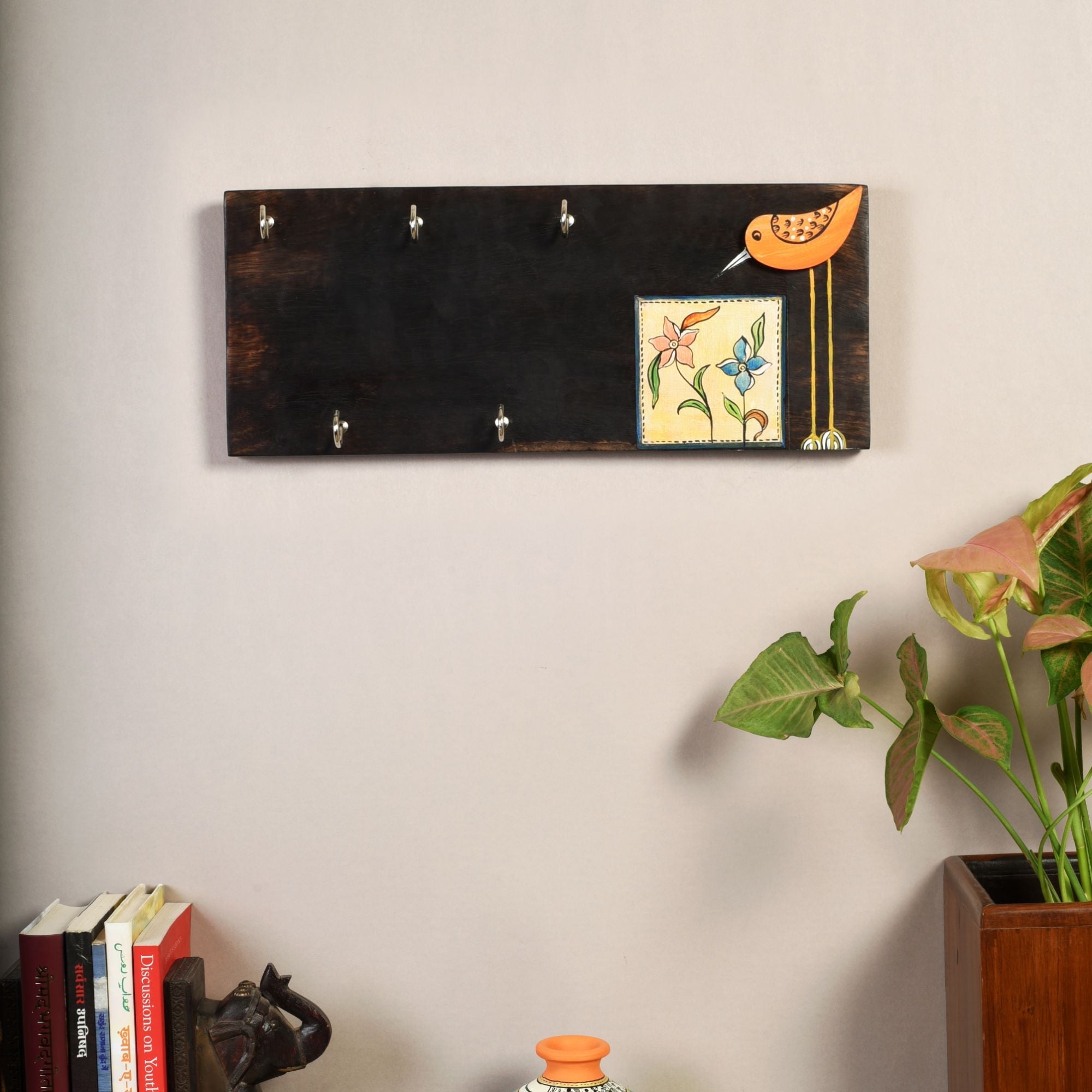 Rio Hand Painted Wooden Key Holder, Horizontal Wall Mounted Key Hanger with Bird and Floral Art for Entryway and Homedecor