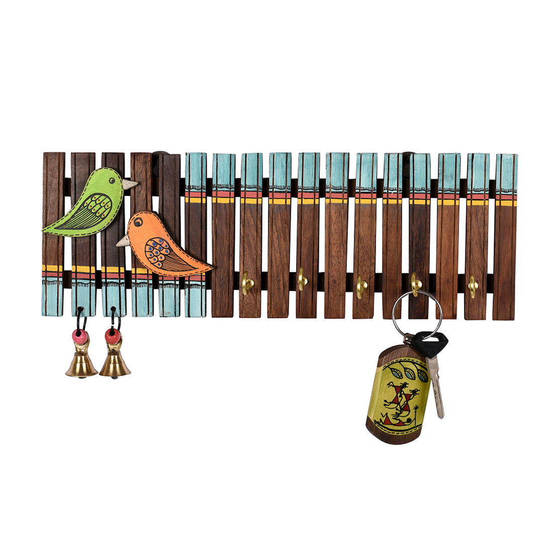 Key Holder Handcrafted Tribal Art Wooden Strips & birds 4 keys (12x1.4x5.4)