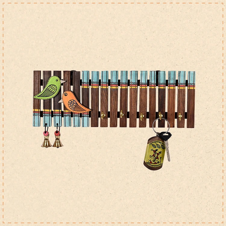 Key Holder Handcrafted Tribal Art Wooden Strips & birds 4 keys (12x1.4x5.4)