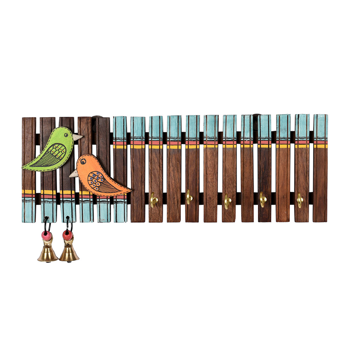 Key Holder Handcrafted Tribal Art Wooden Strips & birds 4 keys (12x1.4x5.4)