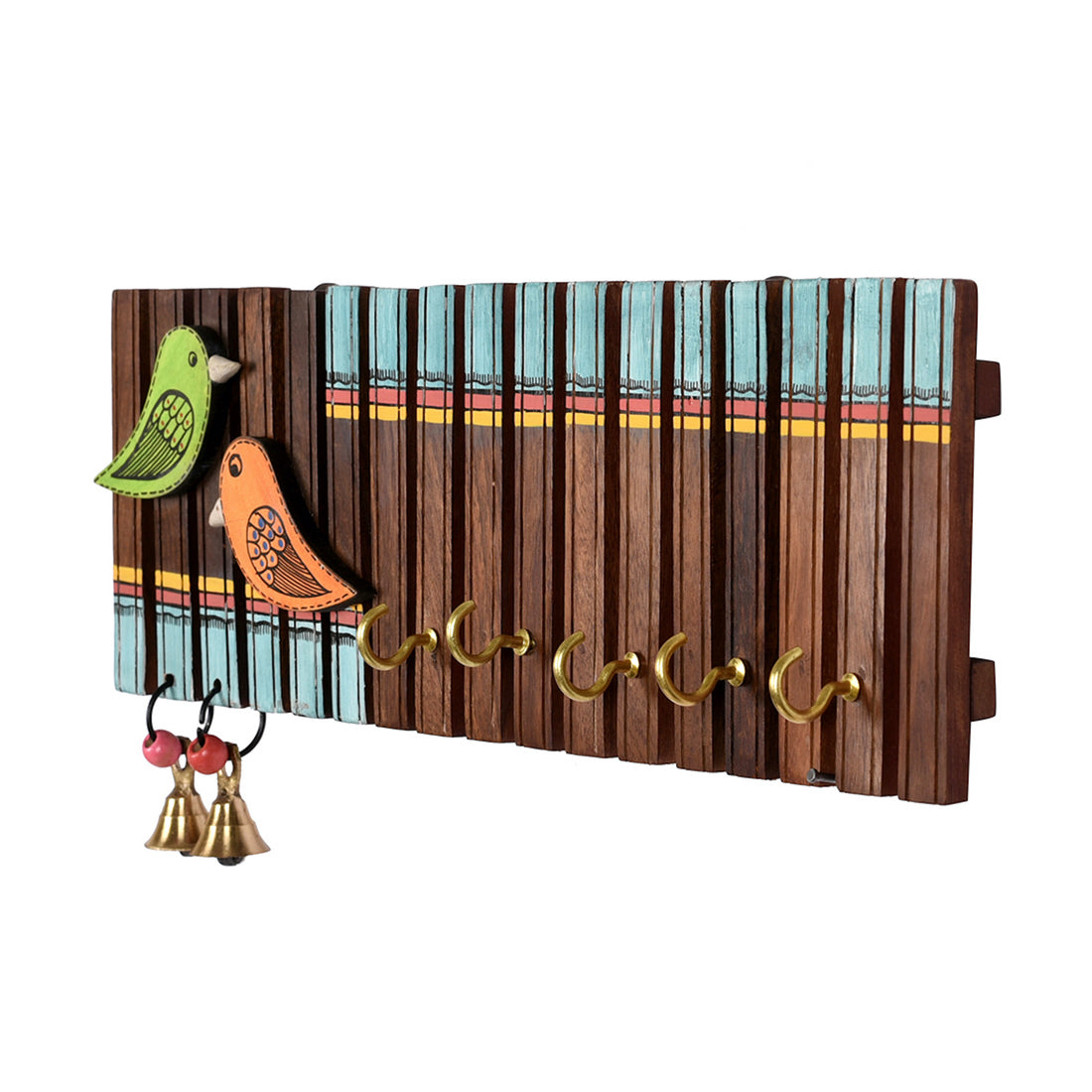 Key Holder Handcrafted Tribal Art Wooden Strips & birds 4 keys (12x1.4x5.4)