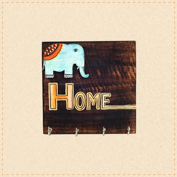Hola Wooden Key Holder with Hand Painted Elephant and HOME Design, Wall Mounted Key Organizer for Homedecor