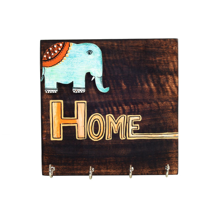 Hola Wooden Key Holder with Hand Painted Elephant and HOME Design, Wall Mounted Key Organizer for Homedecor