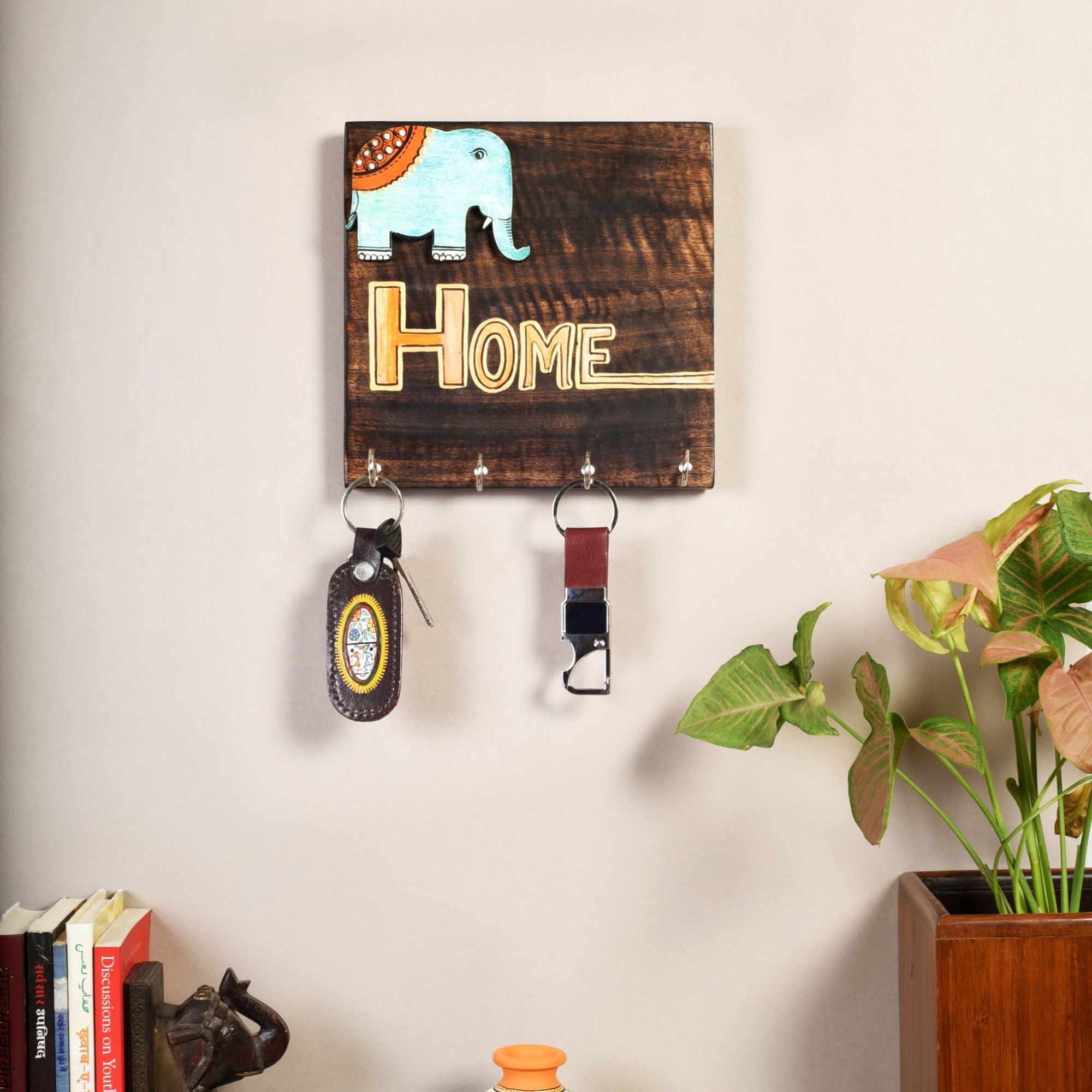 Hola Wooden Key Holder with Hand Painted Elephant and HOME Design, Wall Mounted Key Organizer for Homedecor