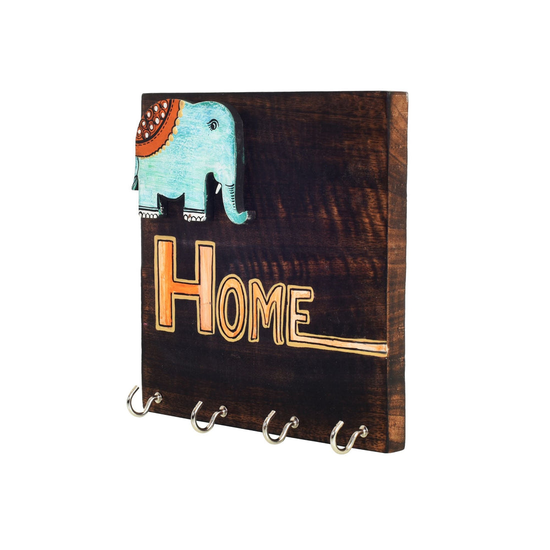 Hola Wooden Key Holder with Hand Painted Elephant and HOME Design, Wall Mounted Key Organizer for Homedecor