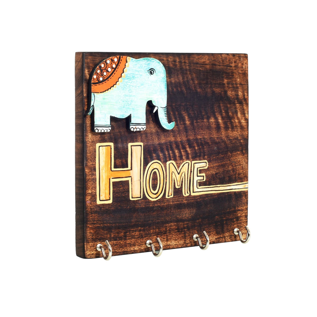 Hola Wooden Key Holder with Hand Painted Elephant and HOME Design, Wall Mounted Key Organizer for Homedecor