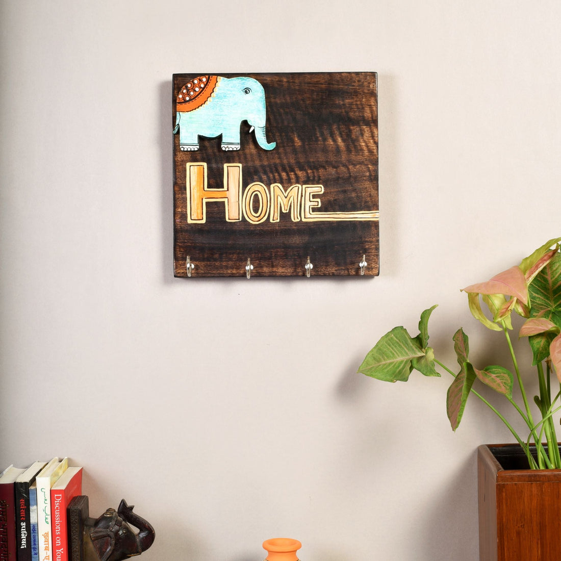 Hola Wooden Key Holder with Hand Painted Elephant and HOME Design, Wall Mounted Key Organizer for Homedecor