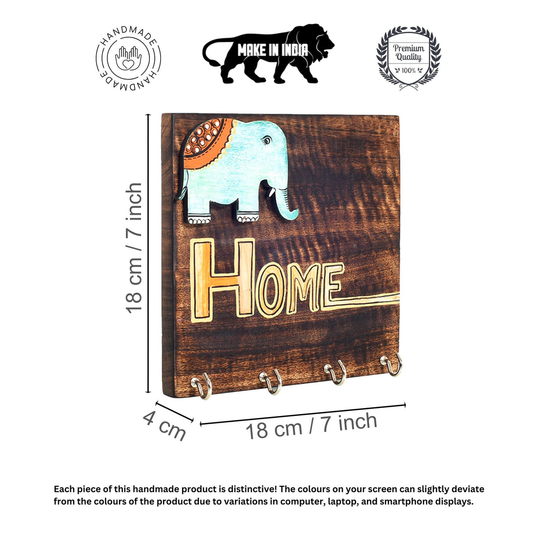Hola Wooden Key Holder with Hand Painted Elephant and HOME Design, Wall Mounted Key Organizer for Homedecor
