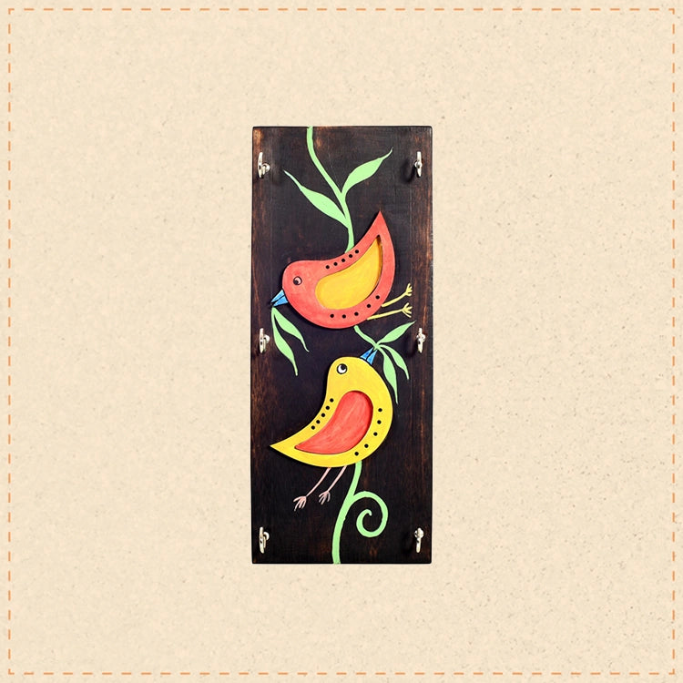 Ini Mini Hand Painted Wooden Key Holder, Vertical Wall Mounted Key Hanger with Twin Bird Design for Homedecor